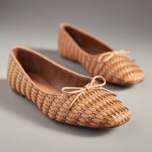 $128 SCHUTZ Arissa Brown Leather Straw Woven Tie Slip-on Ballet Flats Size 9.5B